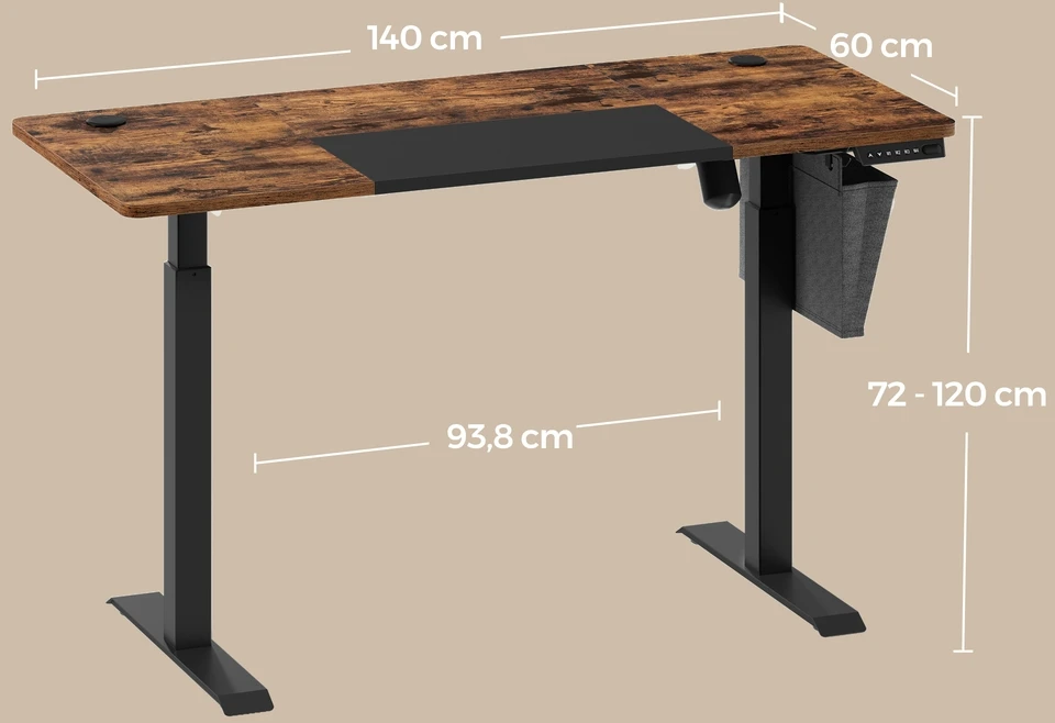 Koduva Elektrinis reguliuojamo aukščio rašomasis stalas, 140 x 60 x 72-120 cm, rudas-juodas