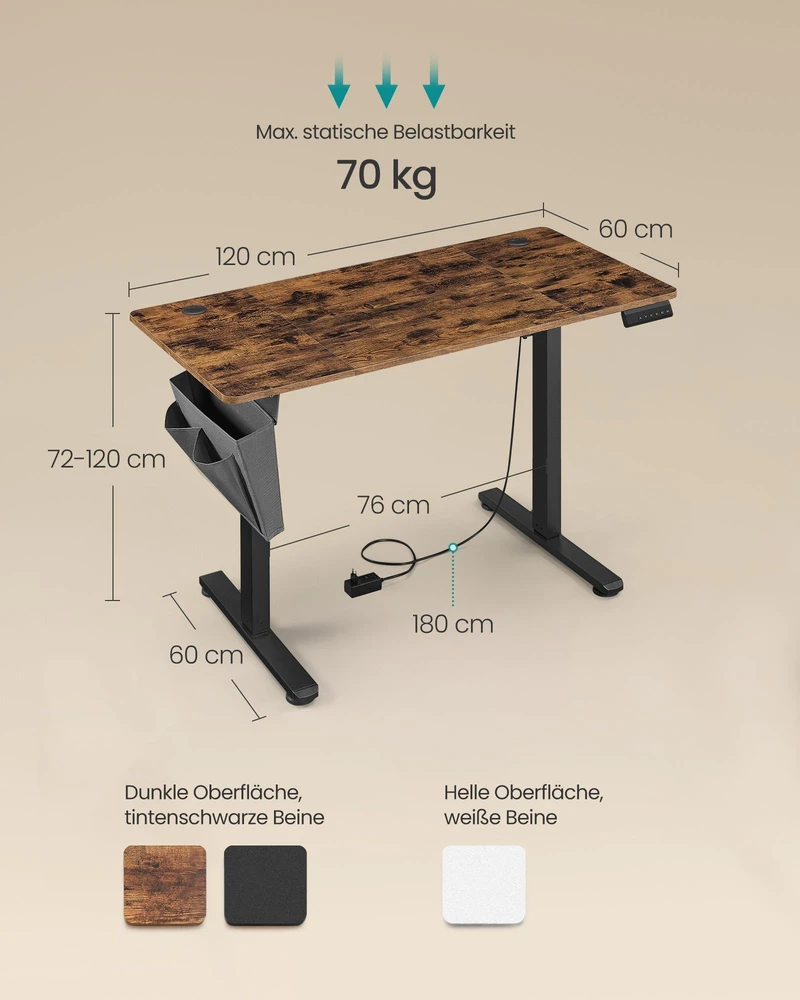 Koduva Elektrinis reguliuojamo aukščio rašomasis stalas, 60 x 120 x 72–120 cm, ruda/juoda
