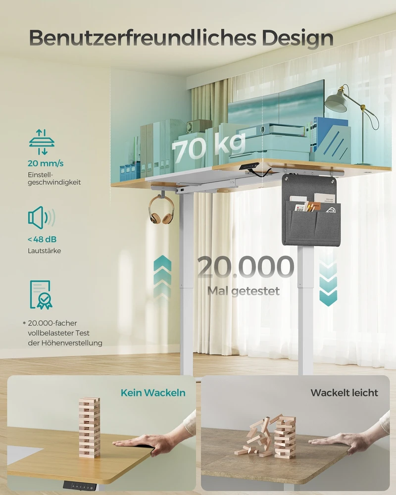 Koduva Elektrinis reguliuojamo aukščio rašomasis stalas, 70 x 160 x 72–120 cm, pastelinis geltonas, baltas