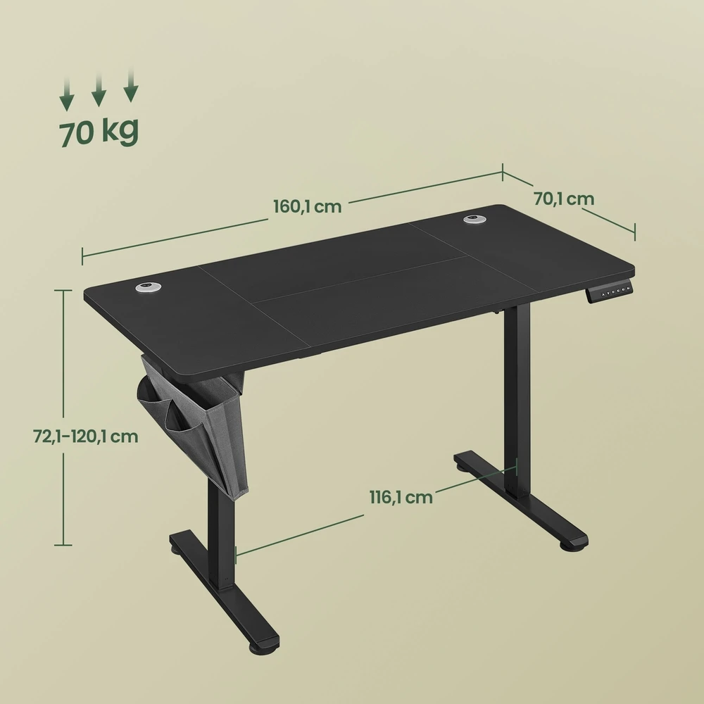 Koduva Elektrinis reguliuojamo aukščio rašomasis stalas, 160,1 x 70,1 cm, juodas