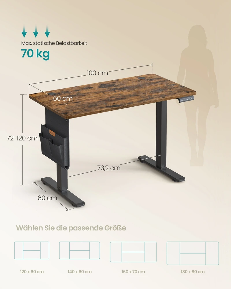 Koduva Elektrinis reguliuojamo aukščio rašomasis stalas, 100 x 60 x 72–120 cm, vintažinės rudos spalvos