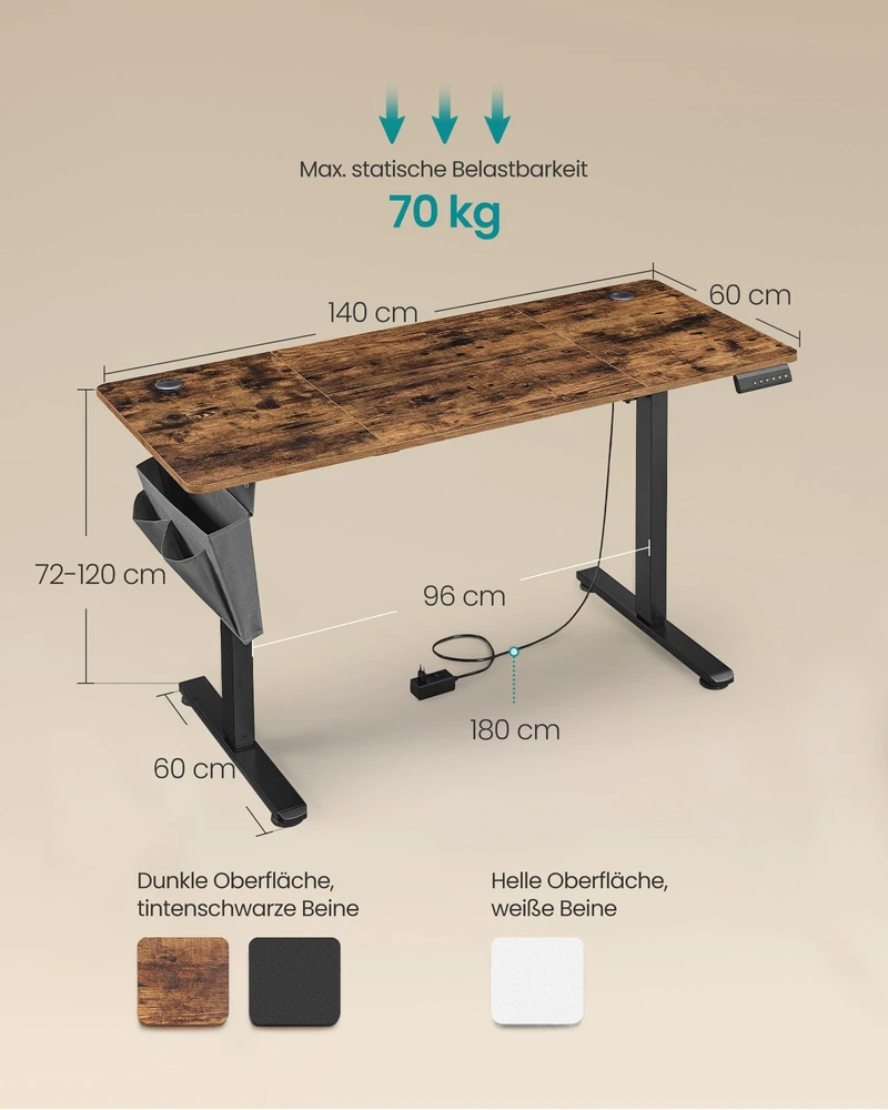 Koduva Elektrinis reguliuojamo aukščio rašomasis stalas, 60 x 140 x 72–120 cm, rudas/juodas