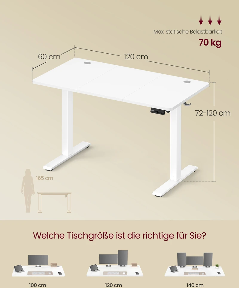 Koduva Elektrinis reguliuojamo aukščio rašomasis stalas, 120 x 60 cm, debesų baltos spalvos