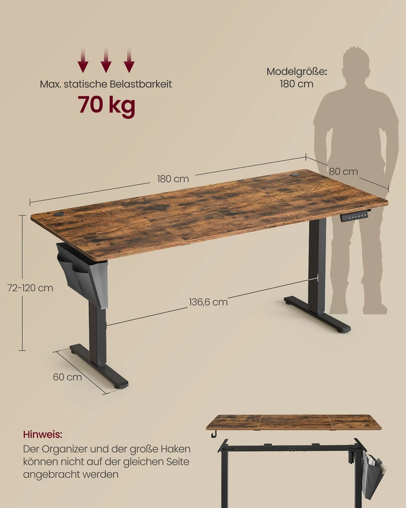 Koduva Elektrinis reguliuojamo aukščio rašomasis stalas, 180 x 80 x 72–120 cm, rudos spalvos