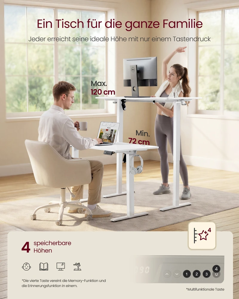 Koduva Elektrinis reguliuojamo aukščio rašomasis stalas, 120 x 60 cm, debesų baltos spalvos