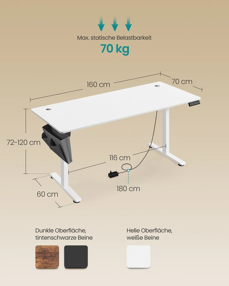 Koduva Elektrinis reguliuojamo aukščio rašomasis stalas, 60 x 160 x 72-120 cm, baltas
