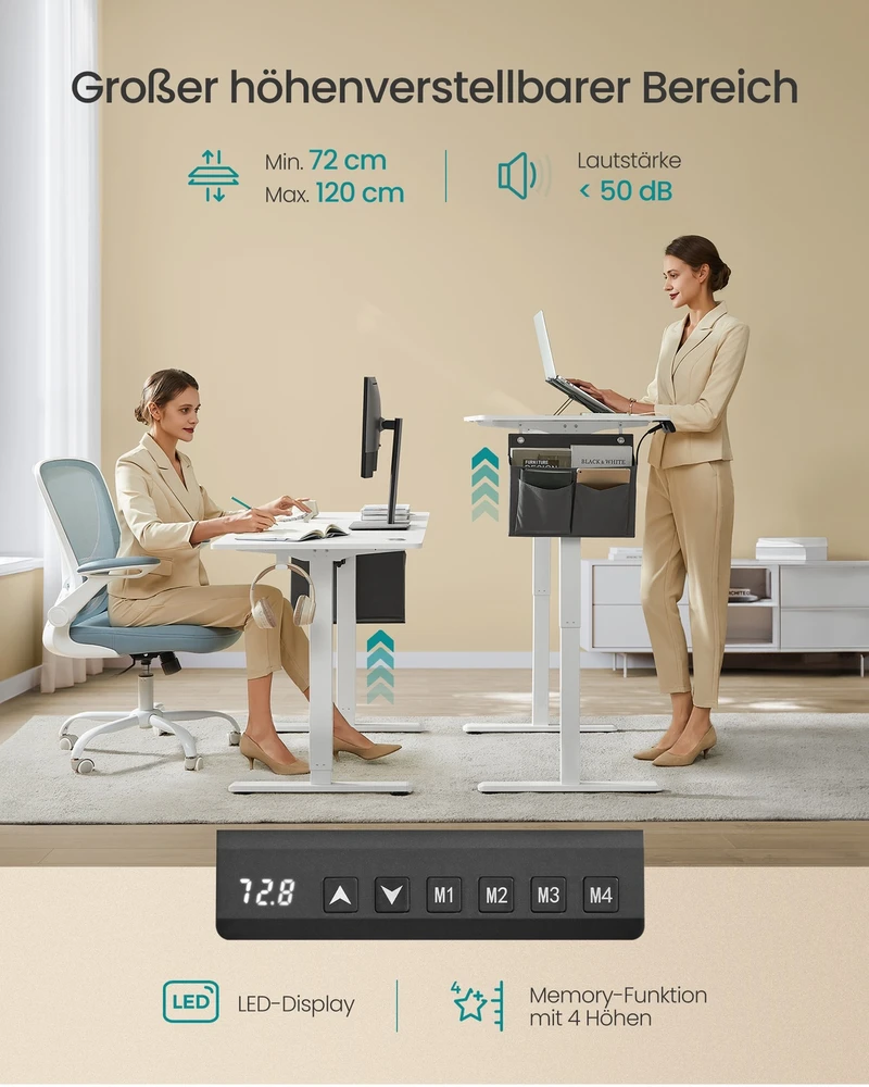 Koduva Elektrinis reguliuojamo aukščio rašomasis stalas, 60 x 160 x 72-120 cm, baltas