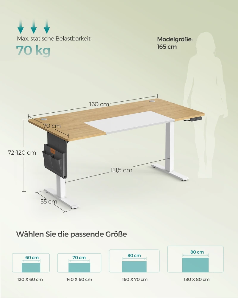 Koduva Elektrinis reguliuojamo aukščio rašomasis stalas, 70 x 160 x 72–120 cm, pastelinis geltonas, baltas
