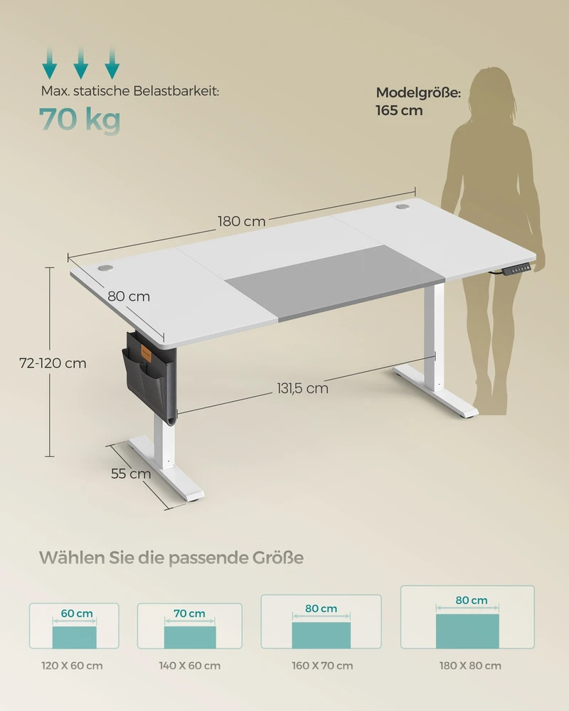 Koduva Elektrinis reguliuojamo aukščio stalas, 180 x 80 x 72–120 cm, baltos ir pilkos spalvos