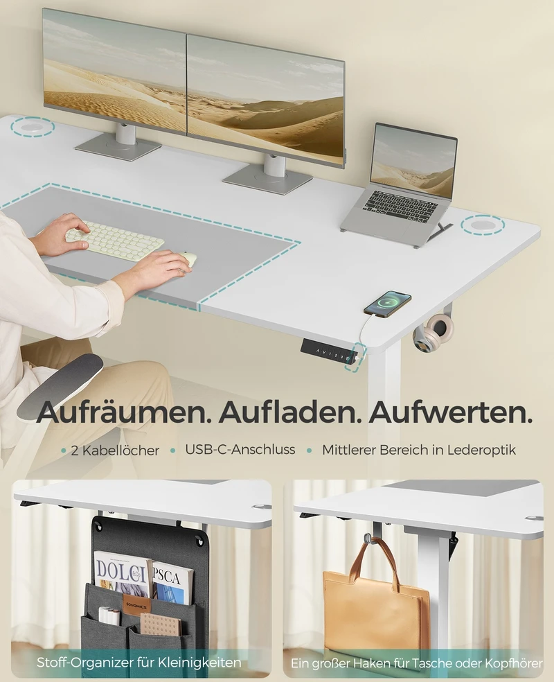Koduva Elektrinis reguliuojamo aukščio stalas, 180 x 80 x 72–120 cm, baltos ir pilkos spalvos