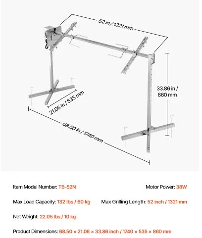 VEVOR Elektrinis rotacinis grilis TB-52N, nerūdijantis plienas, 174 x 54 x 86 cm, 60 kg, AC220-240V