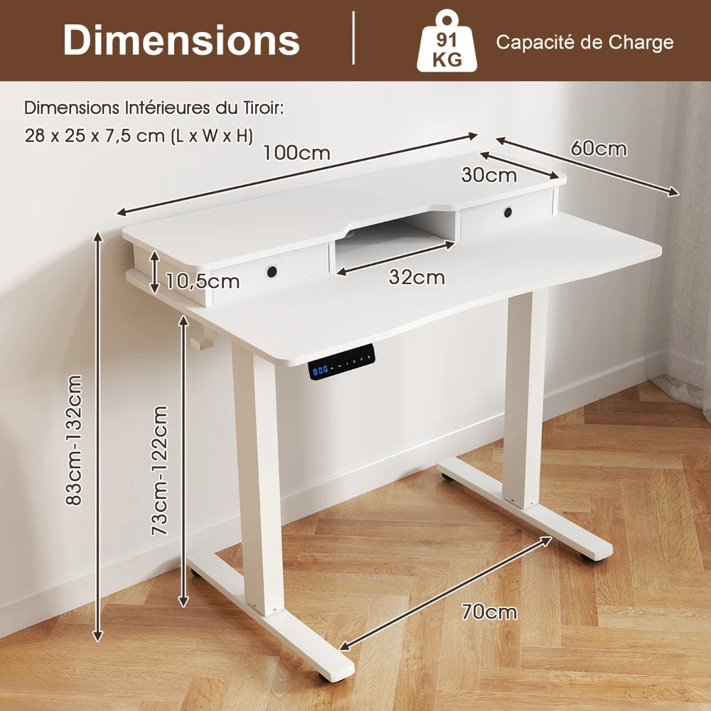 Koduva Elektrinis sėdėjimo-stovėjimo stalas 100x60 cm baltas