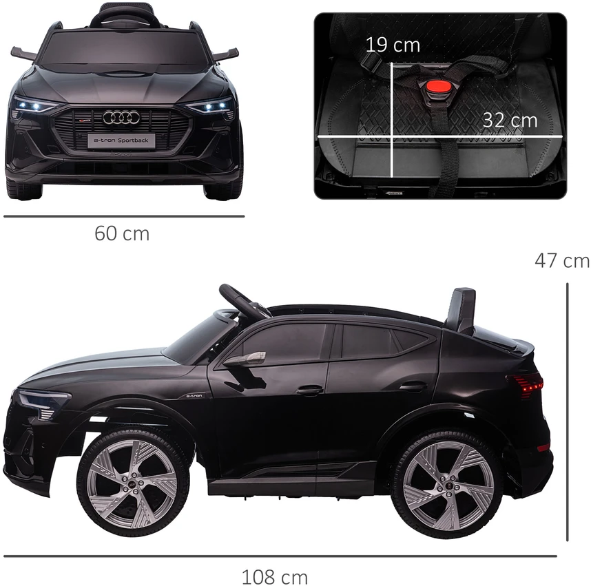 Aosom Elektrinis vaikiškas automobilis Audi E-tron 12V, juodas, 108 x 60 x 47 cm