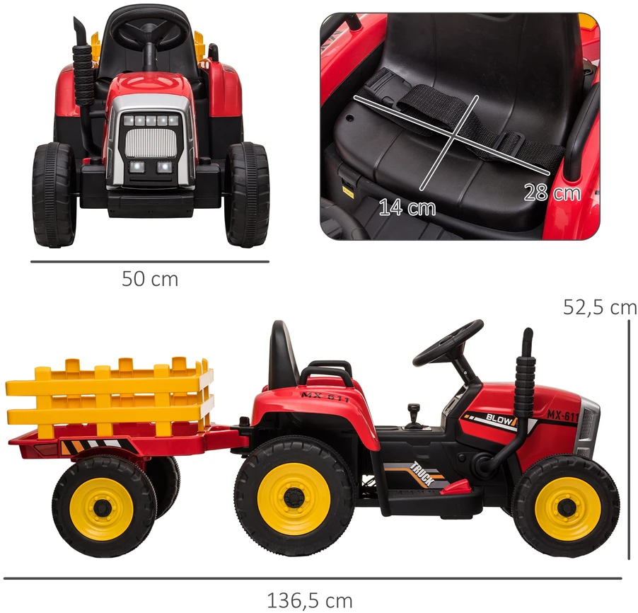 Aosom Elektrinis vaikiškas traktorius, raudona / juoda, su tėvų nuotolinio valdymo pultu, 3-6 m., iki 30 kg