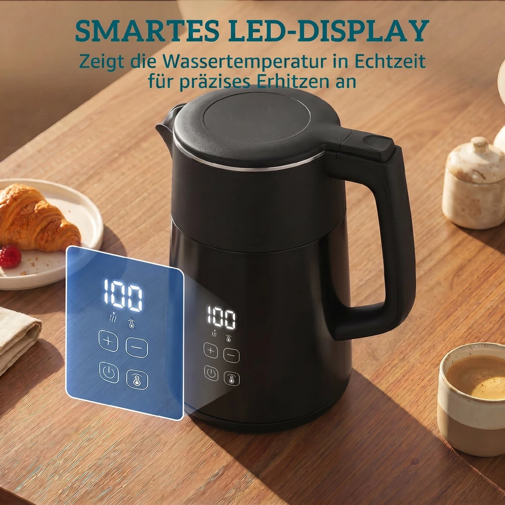 Aosom Elektrinis virdulys, 1,7 l, juodas, 2200 W, LED ekranas, šilumos palaikymas