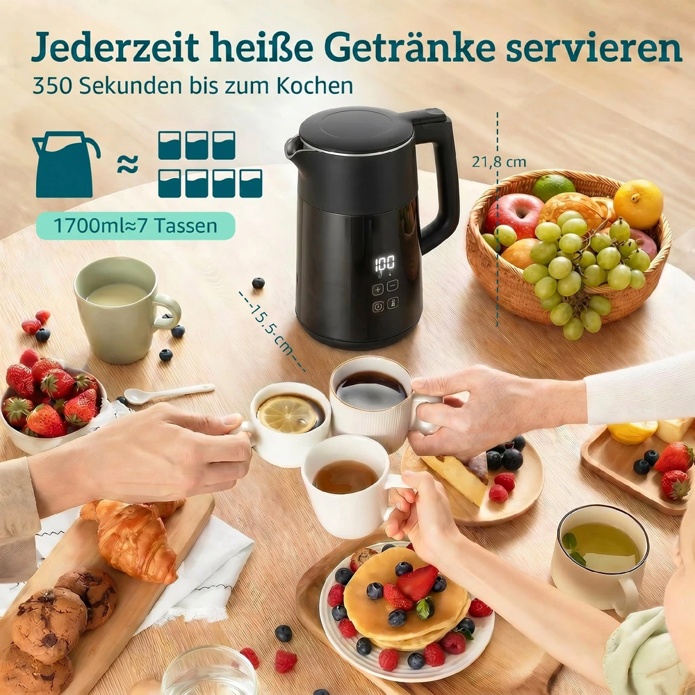 Aosom Elektrinis virdulys, 1,7 l, juodas, 2200 W, LED ekranas, šilumos palaikymas