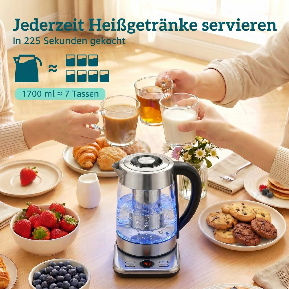 Aosom Elektrinis virdulys, 1,7 l, sidabrinis, stiklas ir nerūdijantis plienas, 2200 W