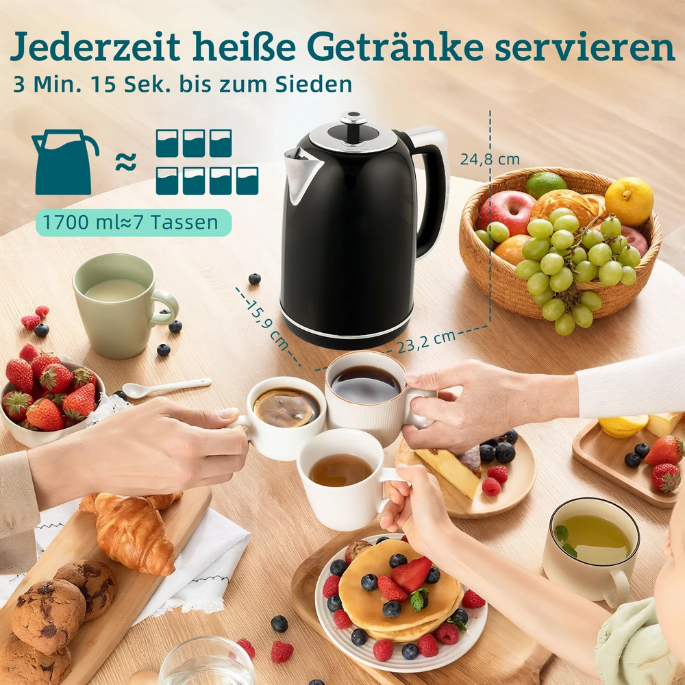 Aosom Elektrinis virdulys ir skrudintuvas, LED ekranas, 1,7 l, 2200 W, retro dizainas, atminties funkcija, juodas