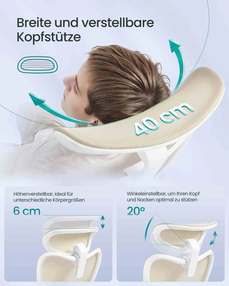 Koduva Ergonominė biuro kėdė, smėlio spalvos, reguliuojama galvos ir juosmens atrama, 70 x 70 x 119–136 cm