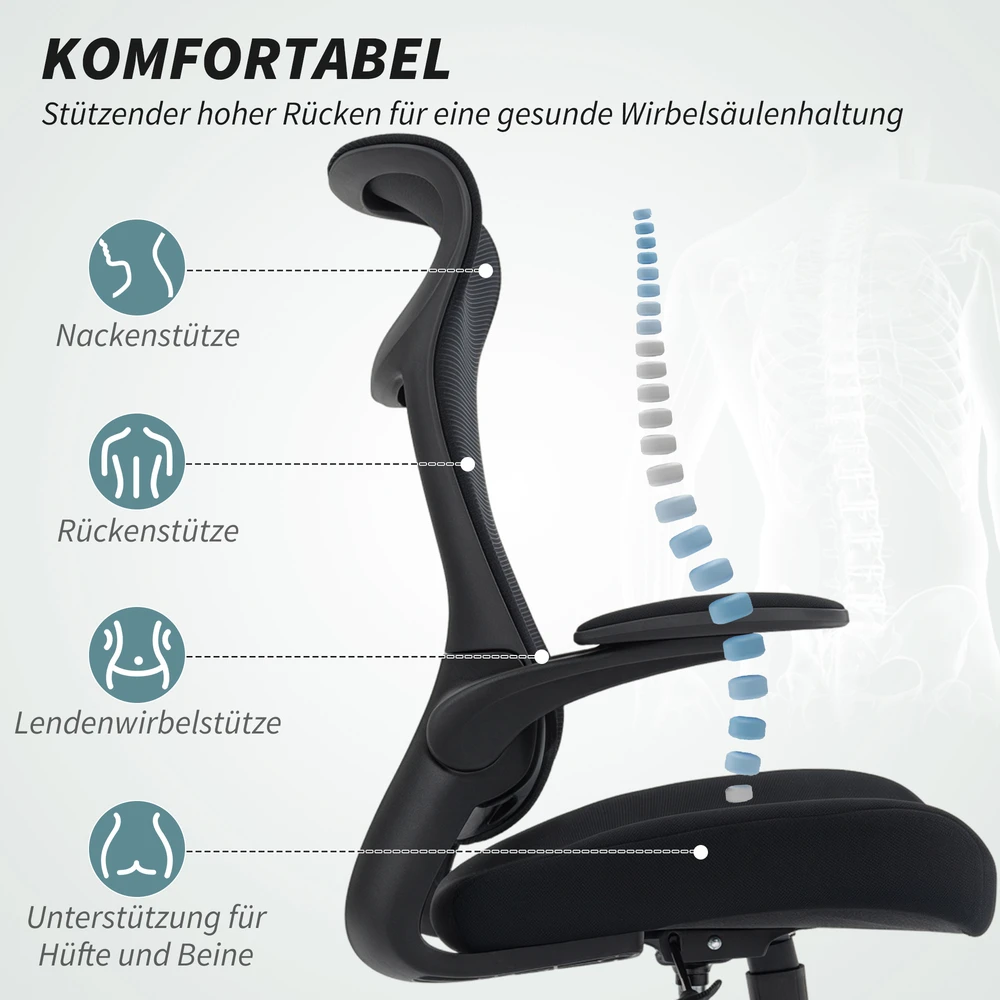 Aosom Ergonominė biuro kėdė su 3D porankiais, tinklo audinys, juoda, 108-118 cm