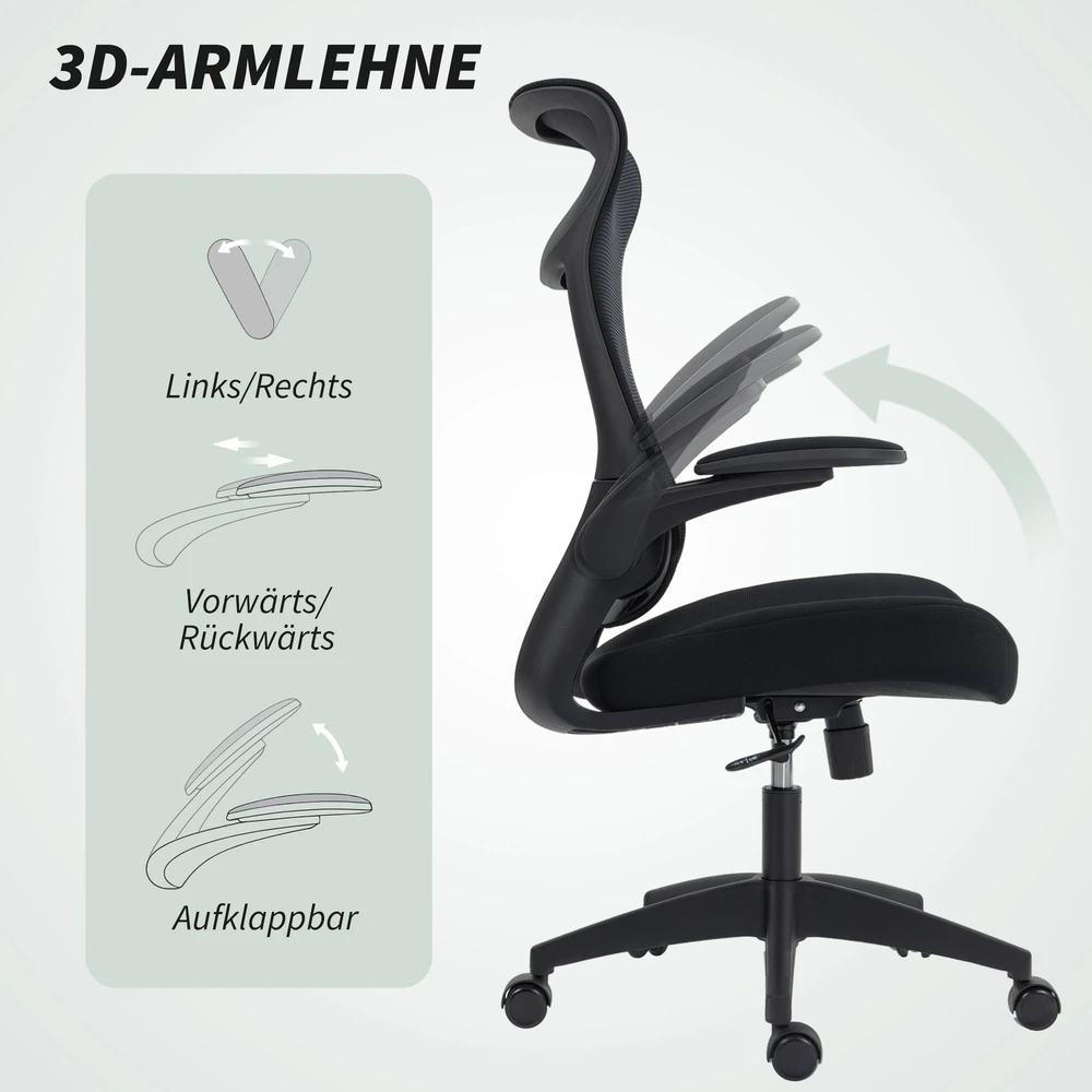 Aosom Ergonominė biuro kėdė su 3D porankiais, tinklo audinys, juoda, 108-118 cm