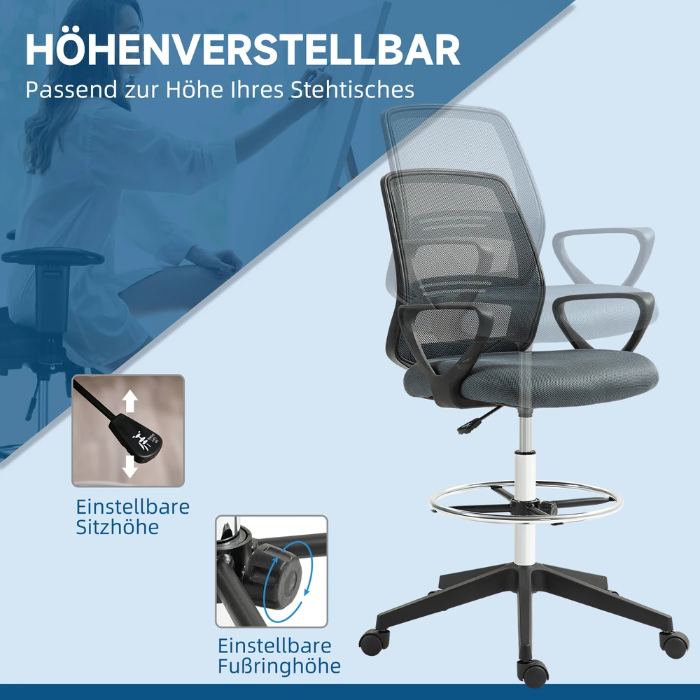 Aosom Ergonominė biuro kėdė su porankiais ir reguliuojamu pakoju, pilka, 68 x 66 x 100–120 cm