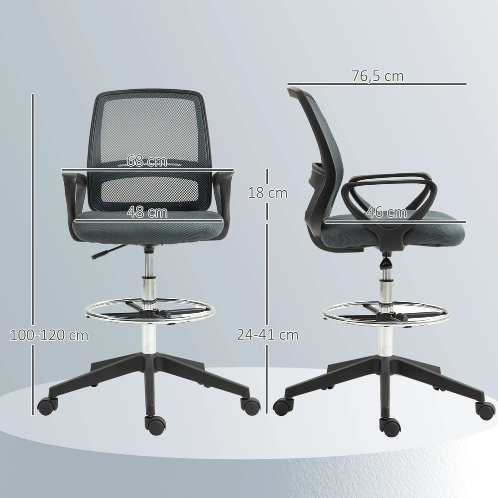 Aosom Ergonominė biuro kėdė su porankiais ir reguliuojamu pakoju, pilka, 68 x 66 x 100–120 cm