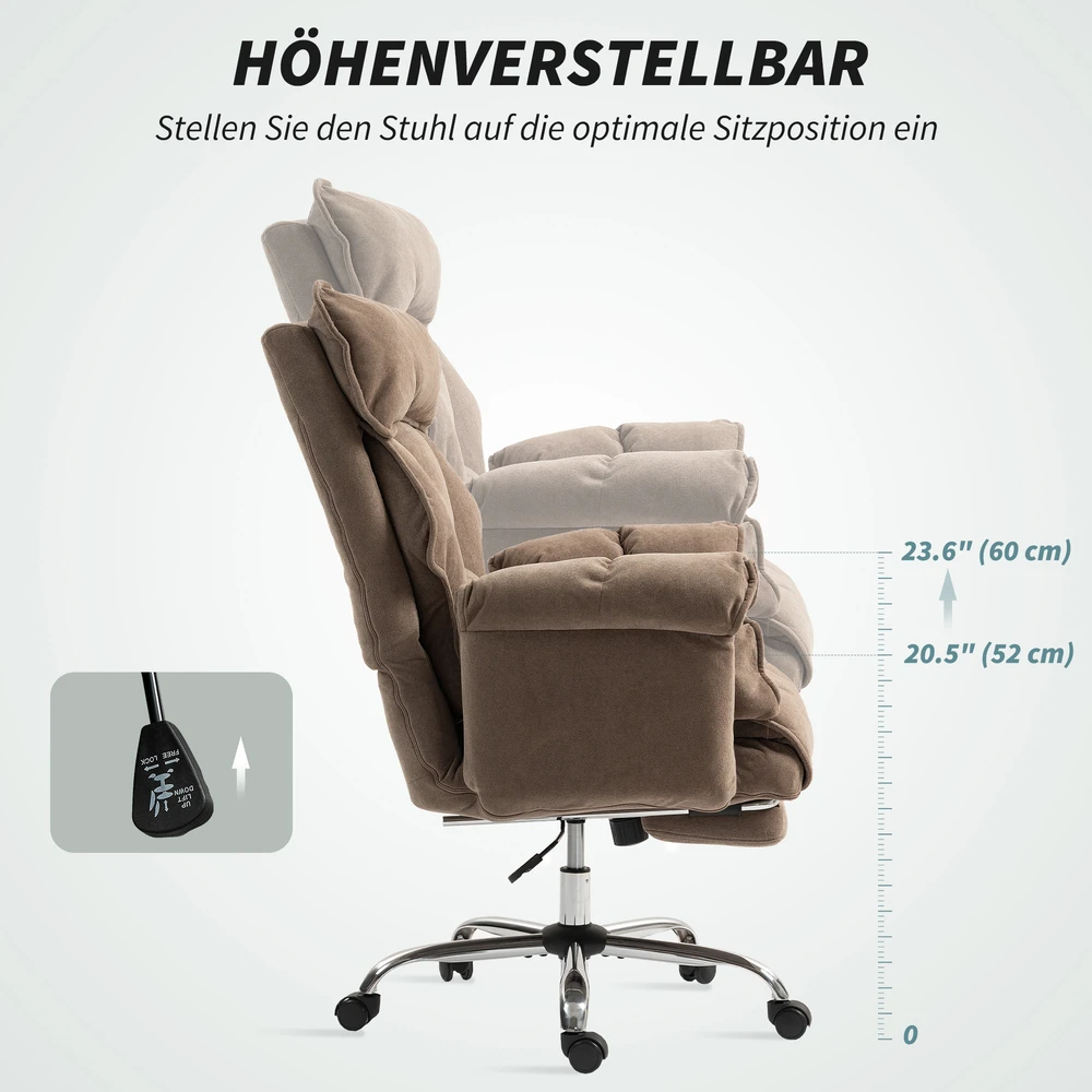 Aosom Ergonominė biuro kėdė su reguliuojamu atlošu ir kojų atrama, ruda, 80 x 80 x 106-114 cm