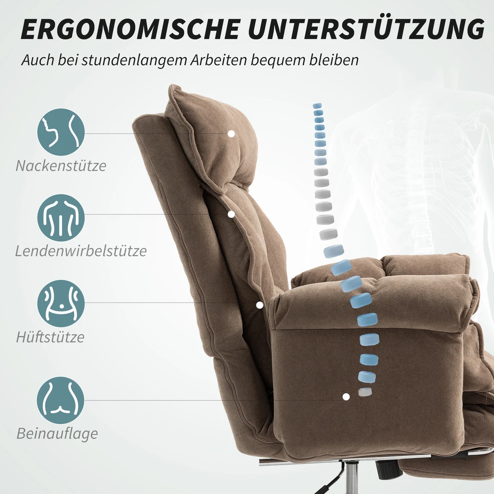 Aosom Ergonominė biuro kėdė su reguliuojamu atlošu ir kojų atrama, ruda, 80 x 80 x 106-114 cm