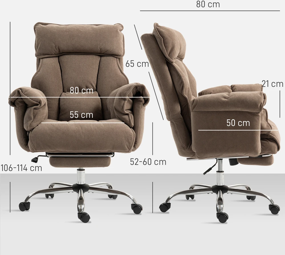 Aosom Ergonominė biuro kėdė su reguliuojamu atlošu ir kojų atrama, ruda, 80 x 80 x 106-114 cm
