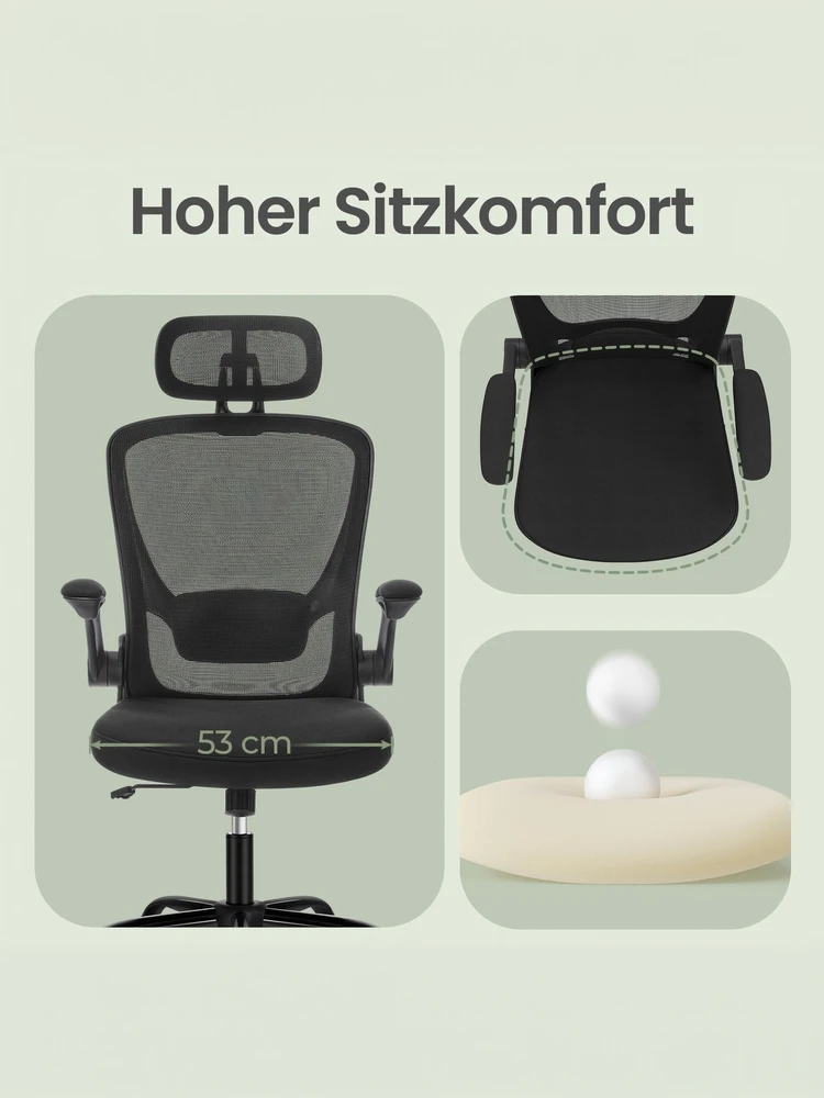 Koduva Ergonominė biuro kėdė su tinkline atrama, supimo funkcija, juoda, 62 x 62,4 x 120,4 cm