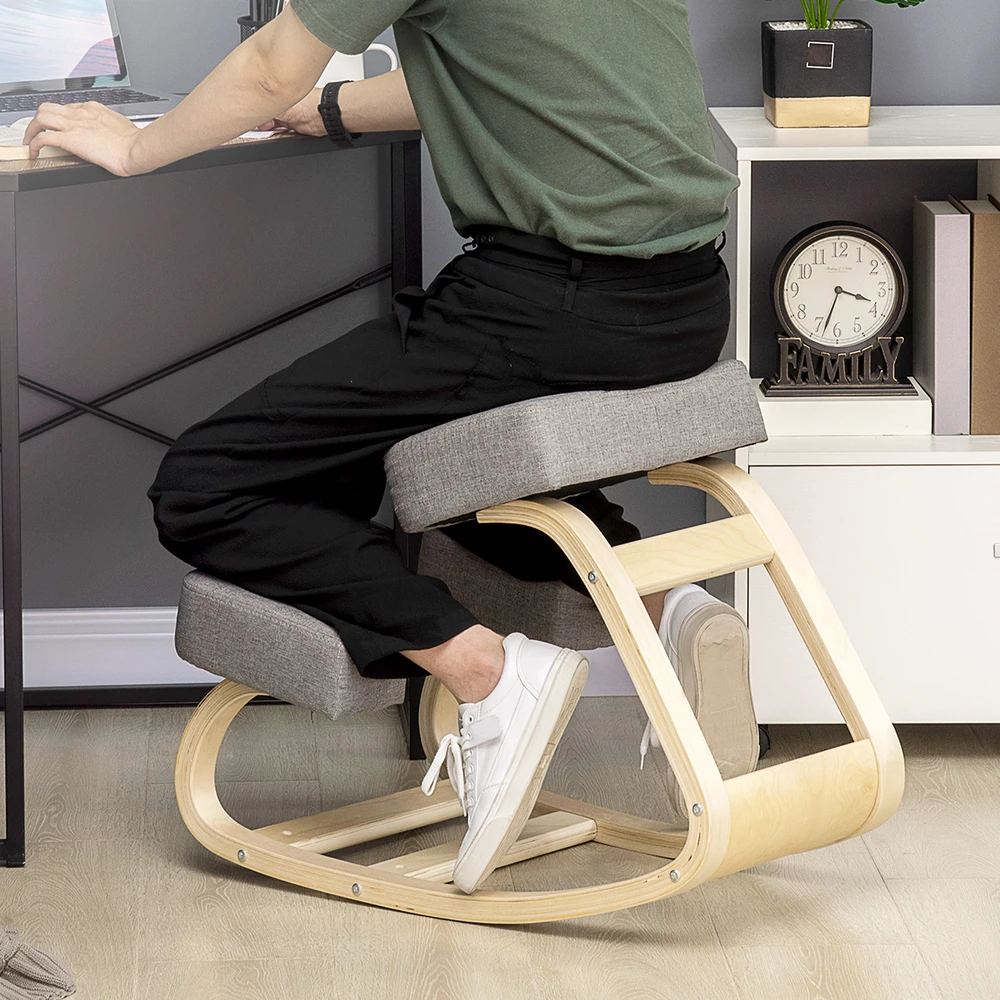 Aosom Ergonominė kėdė su atrama keliams, pilka, biržės mediena, 120 kg