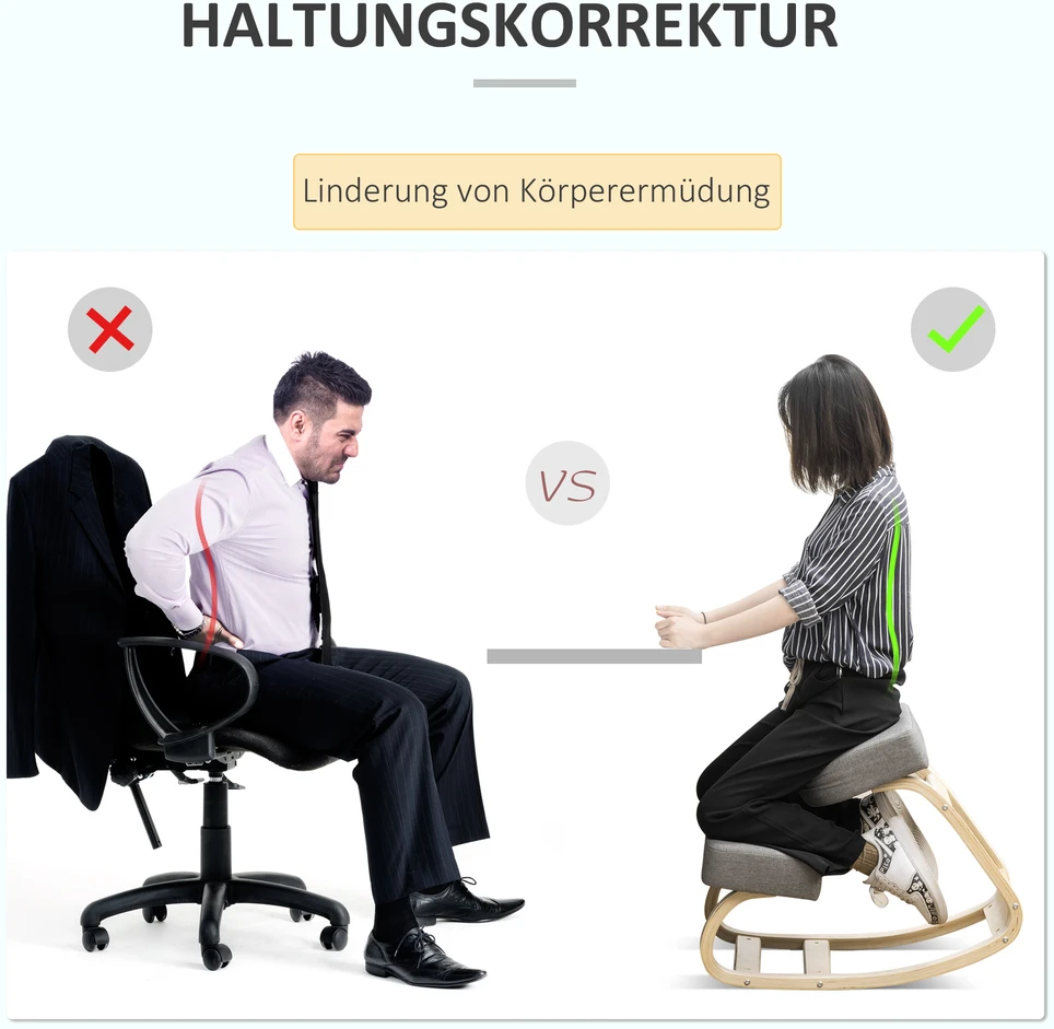 Aosom Ergonominė kėdė su atrama keliams, pilka, biržės mediena, 120 kg