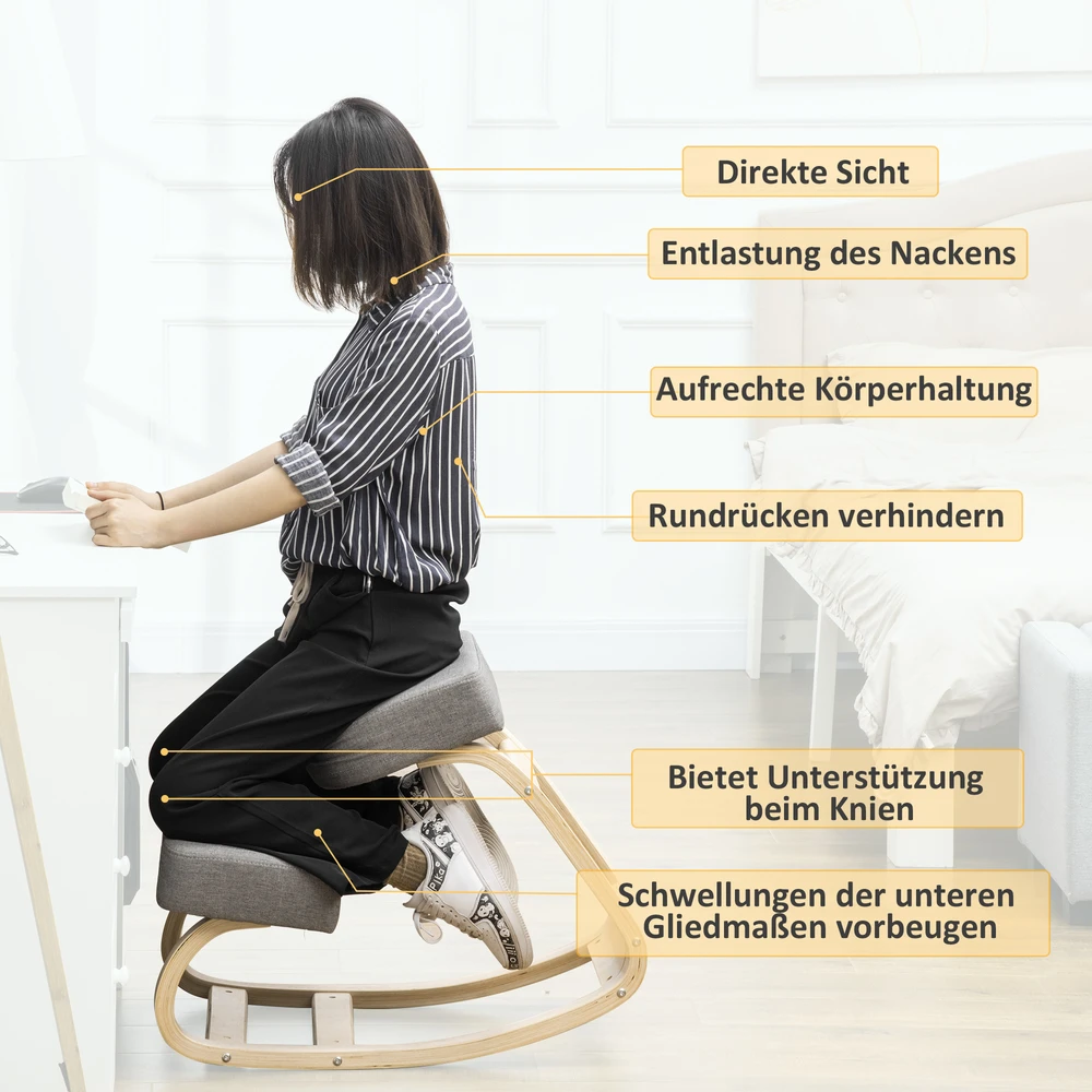 Aosom Ergonominė kėdė su atrama keliams, pilka, biržės mediena, 120 kg