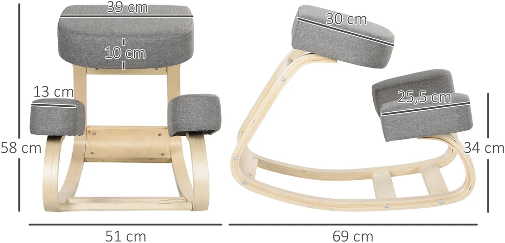 Aosom Ergonominė kėdė su atrama keliams, pilka, biržės mediena, 120 kg