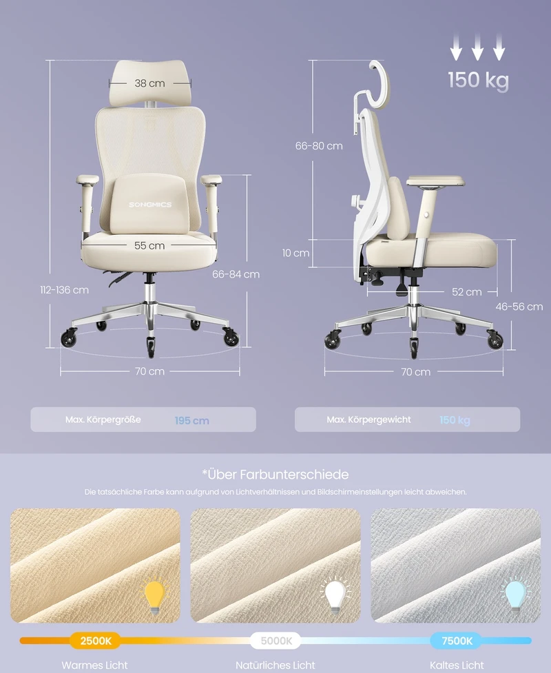 Koduva Ergonomiška biuro kėdė, reguliuojama juosmens ir galvos atrama, 70 x 70 x 112–136 cm, rusvai gelsva/balta