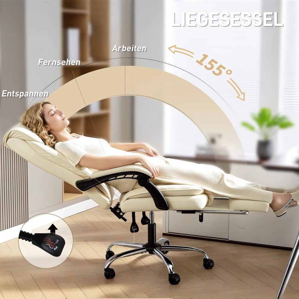 Aosom Ergonomiška biuro kėdė su kojų atrama, dirbtinė oda, smėlinė+juoda, 120 kg