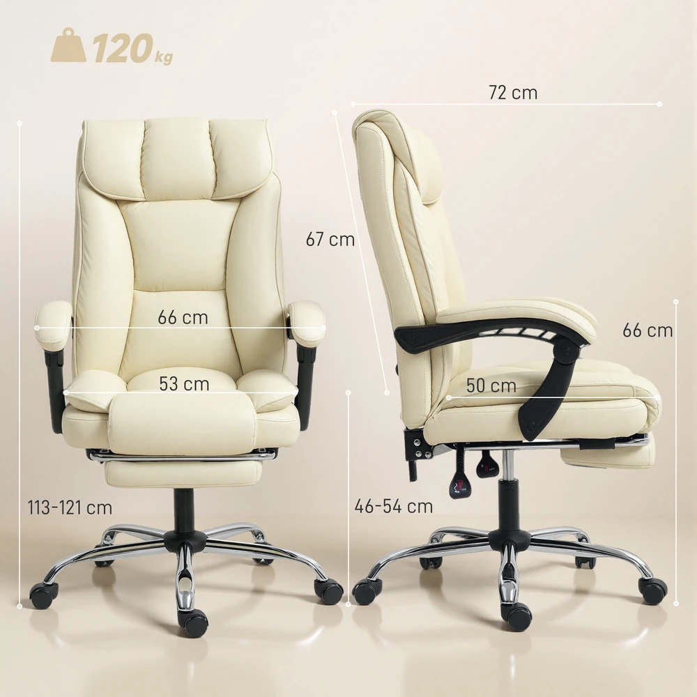 Aosom Ergonomiška biuro kėdė su kojų atrama, dirbtinė oda, smėlinė+juoda, 120 kg