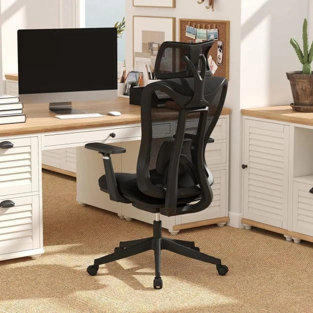 Promotion Ergonomiška tinklinė biuro kėdė su aukštu atlošu ir reguliuojama juosmens atrama, juoda