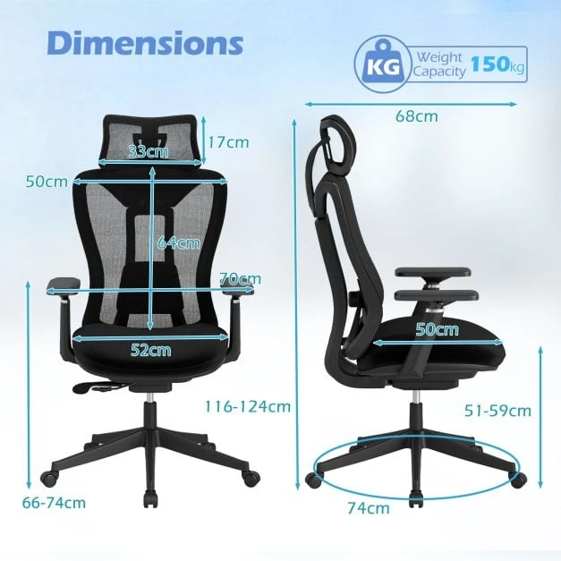 Promotion Ergonomiška tinklinė biuro kėdė su aukštu atlošu ir reguliuojama juosmens atrama, juoda
