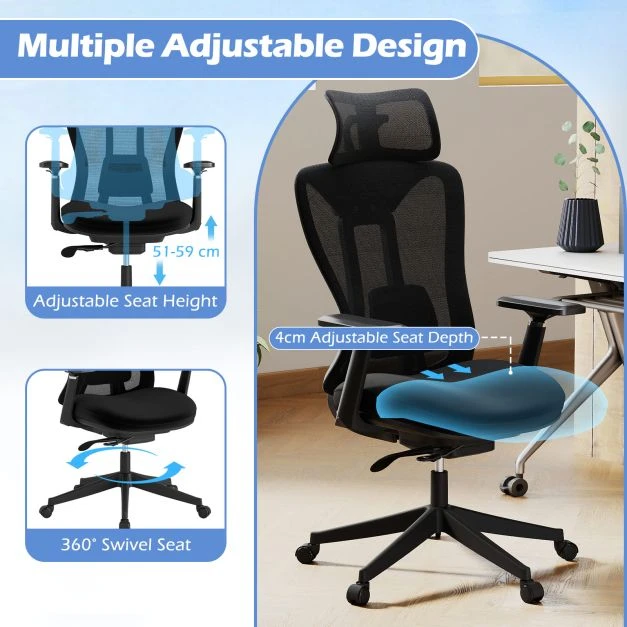 Promotion Ergonomiška tinklinė biuro kėdė su aukštu atlošu ir reguliuojama juosmens atrama, juoda