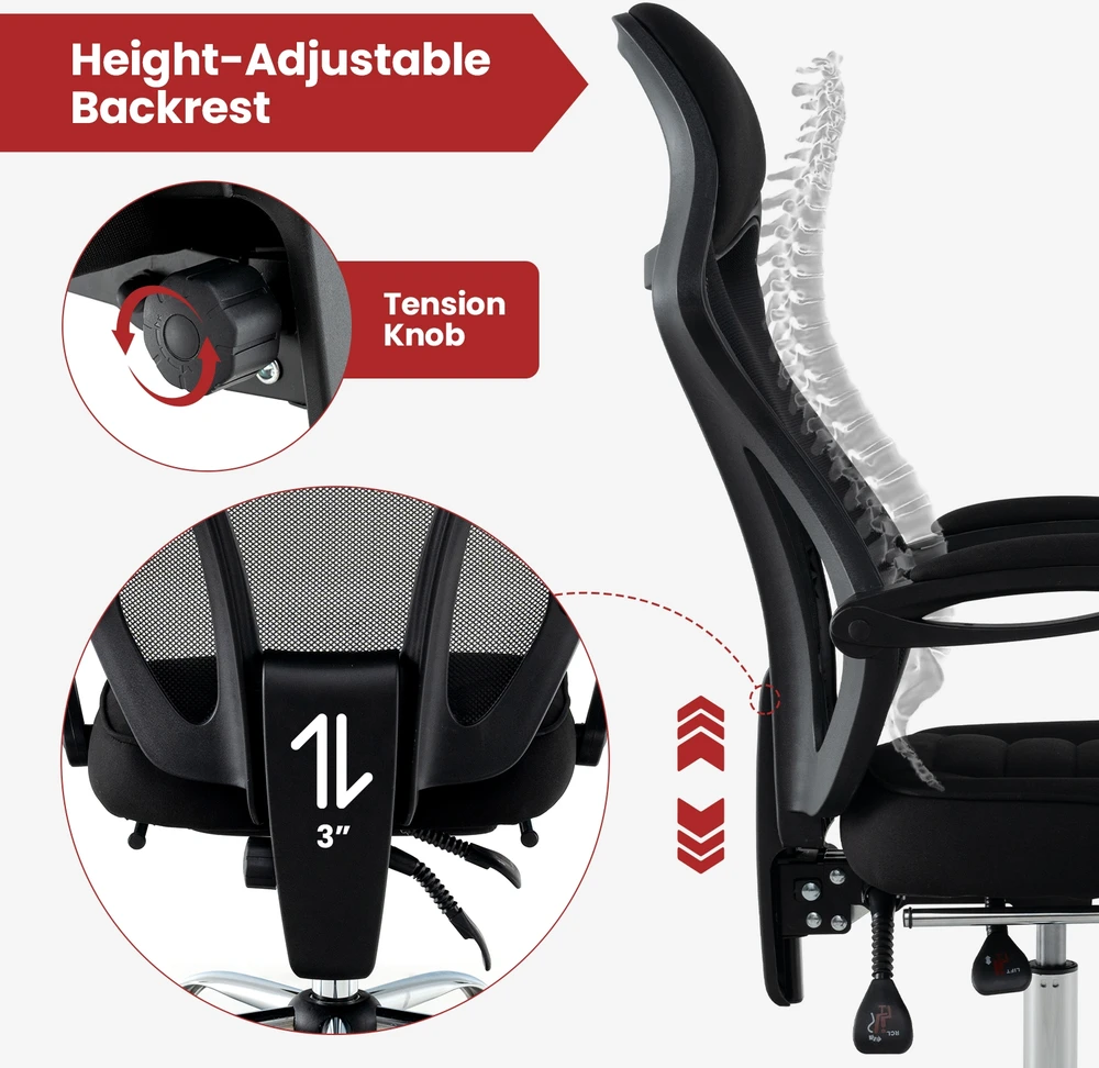Promotion Ergonomiškas tinklinės biuro kėdės su kojų atrama, juoda