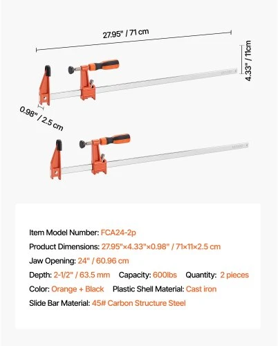 Koduva F formos spaustuvai VEVOR FCA24-2p, 2 vnt., 61 cm, oranžinė / juoda