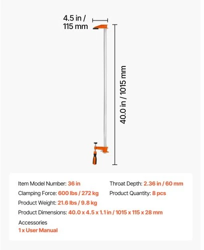 VEVOR F tipo spaustuvai medienos apdirbimui, 8 vnt., atsidarymas 91 cm, iki 272 kg