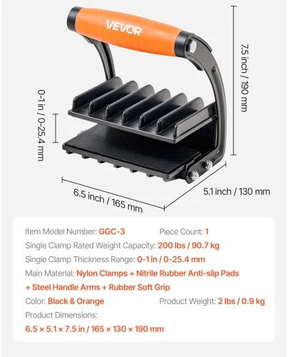 VEVOR Faneros nešimo spaustukas GGC-3, juodas / oranžinis, iki 90,7kg, 0-25,4 mm