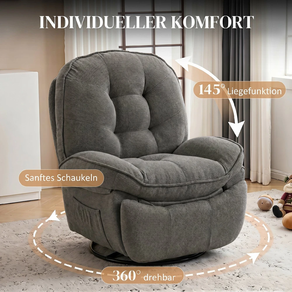 Aosom Fotelis recliner su gulėjimo funkcija, pasukamas ir supamas, šviesiai pilkas ir juodas, 95 x 94 x 104 cm