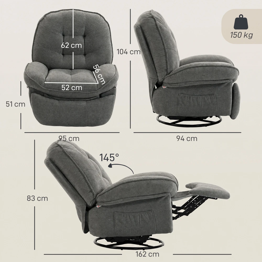 Aosom Fotelis recliner su gulėjimo funkcija, pasukamas ir supamas, šviesiai pilkas ir juodas, 95 x 94 x 104 cm