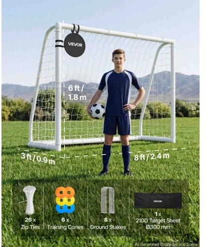 VEVOR Futbolo vartai, PVC, balti, 244 x 182 cm, su tinklu, taikiniu ir kūgeliais