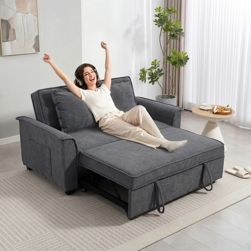 Aosom Futono miegamoji sofa, reguliuojama atlošo dalis, 2 vietų, 2 pagalvės, tamsiai pilka