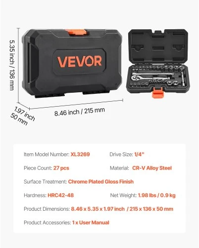 VEVOR Galvučių ir terkšlės rinkinys XL3269, 27 dalių, 6,35 mm, CR-V plienas